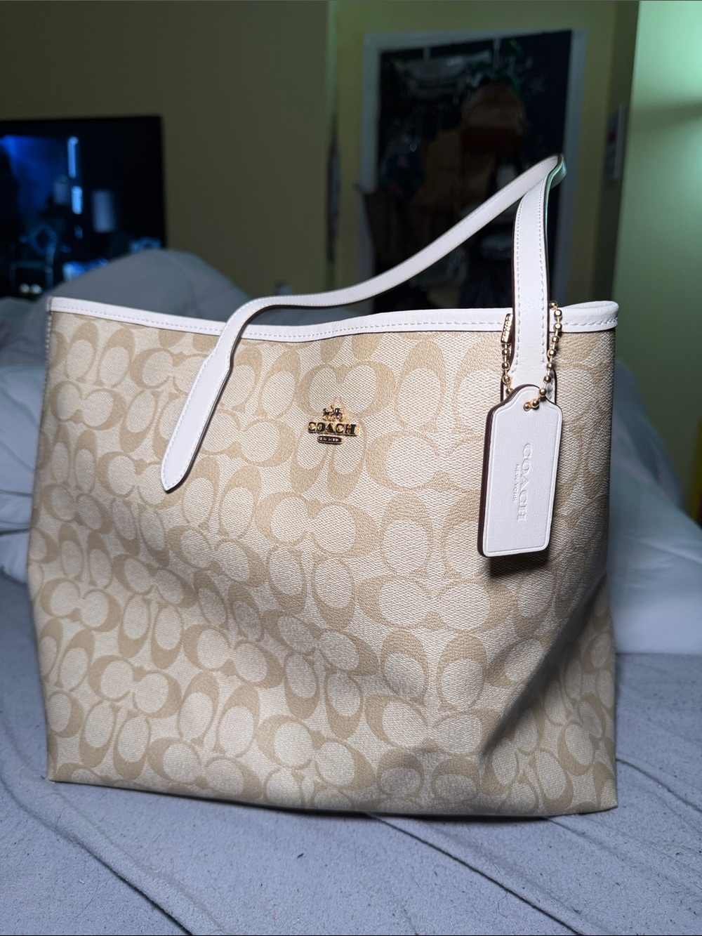 Coach Beige Signature Canvas Tote with White Trim and Gold Accents